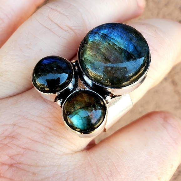New Triple Labradorite 925 Silver Statement Ring. - Picture 12 of 15